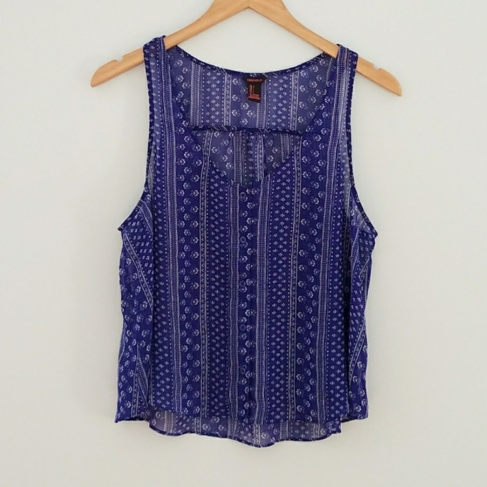 Forever 21 blue white floral sheer tank